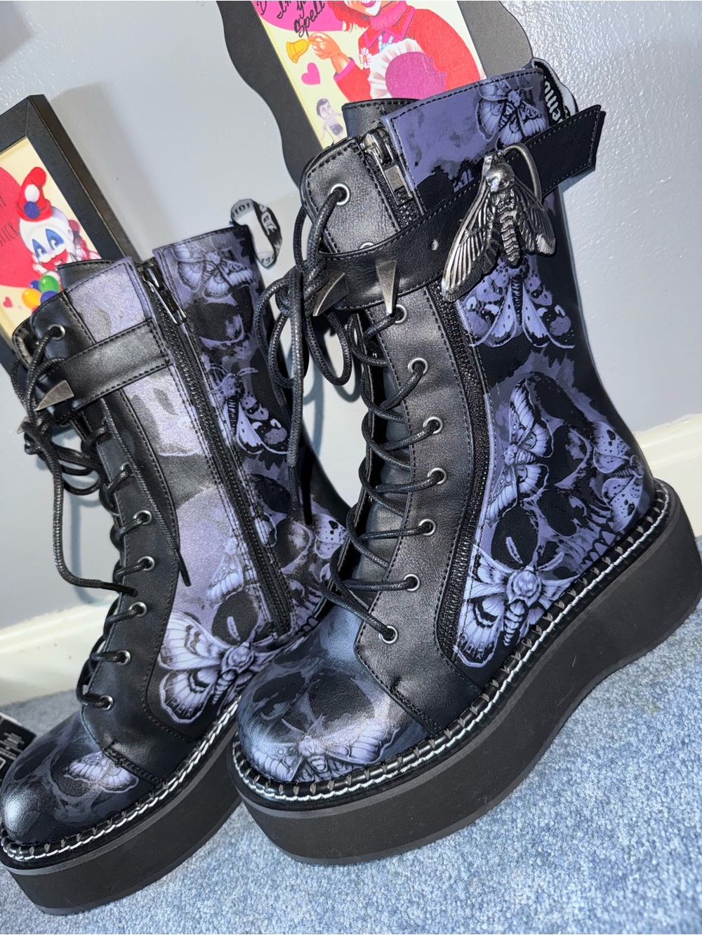 Demonia Emily Painted Moth Platform Gothic Lace-Up Boots